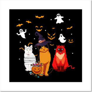 Funny Three Cat Halloween Gift Shirt Posters and Art